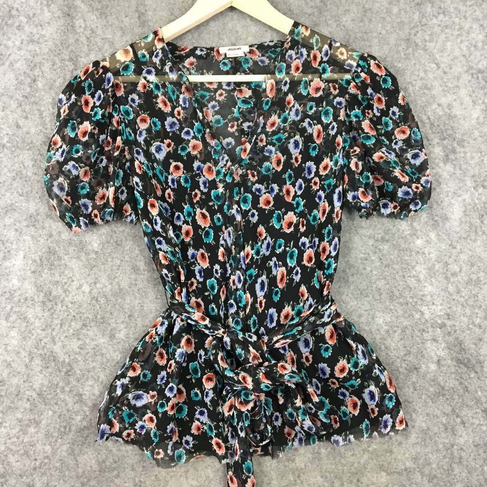 Jason Wu Top 4 Blouse Puff Sleeve Retro Black Floral Tie Belted Chiffon Raw Edge